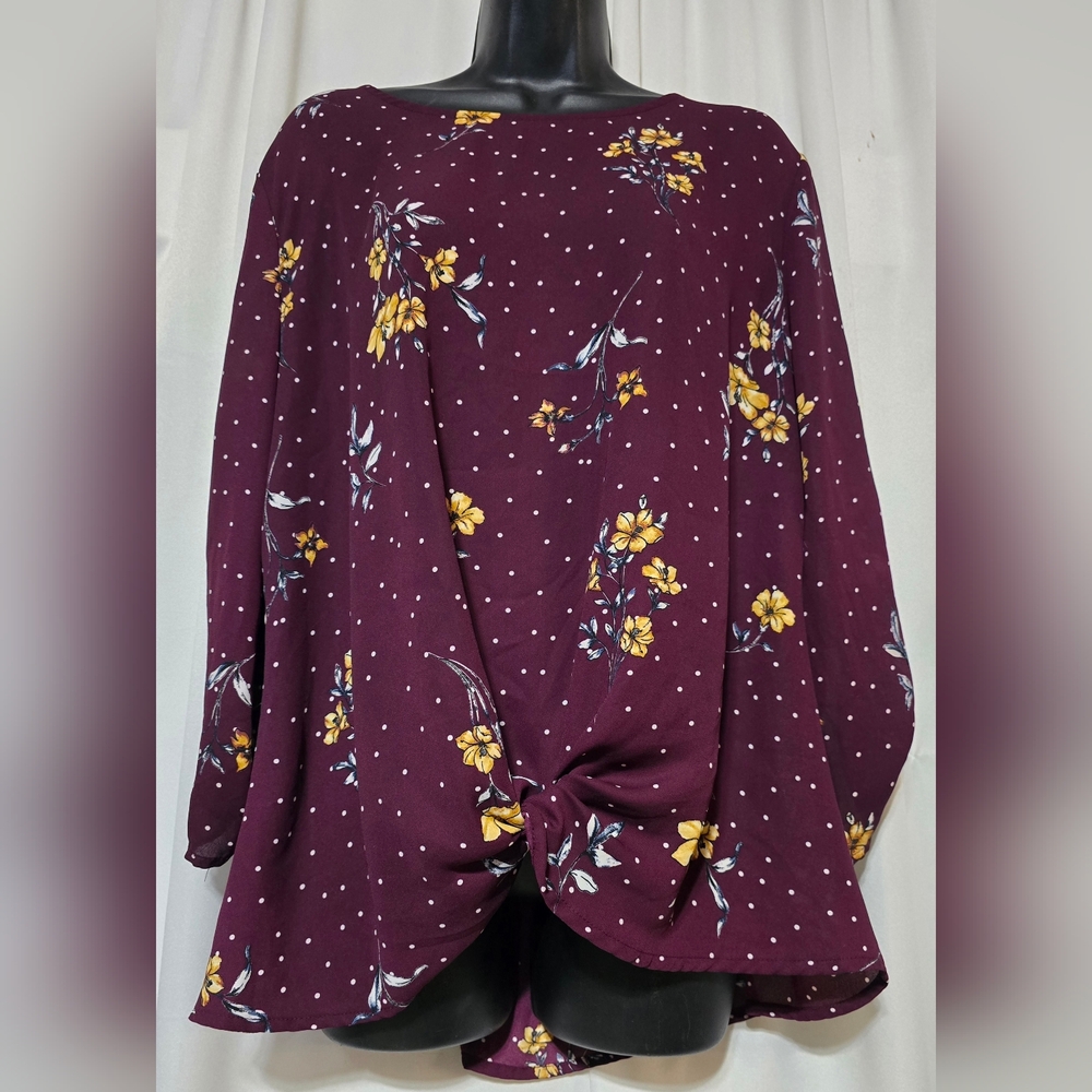 Pink Republic Womens Plum  Floral Blouse w Roll Tab Sleeves w/Tie Front Size XL - Picture 8 of 9